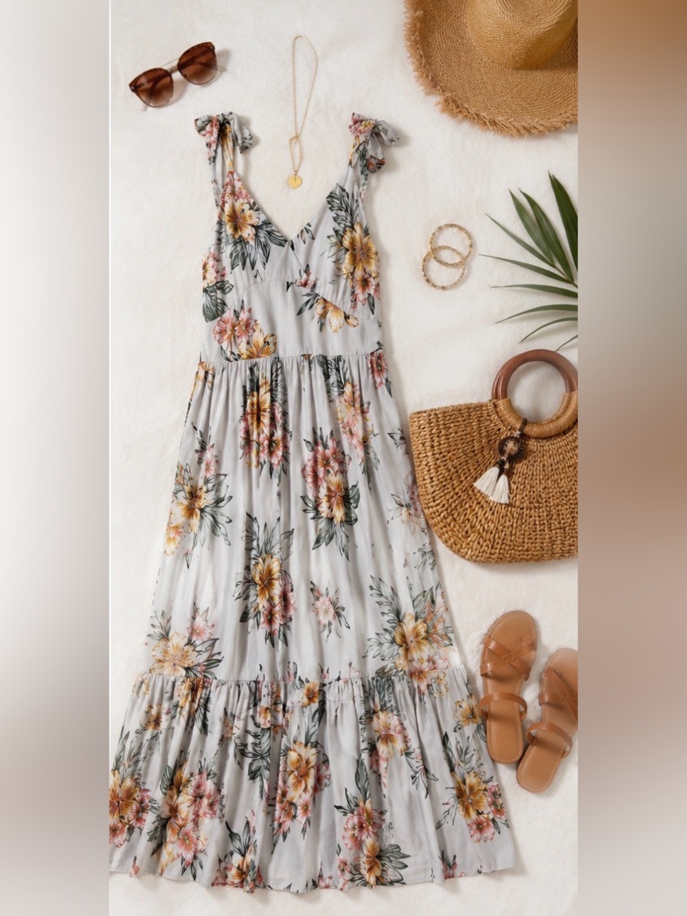 Roxy Macy Tropical Floral Maxi Dress | Resort Vacation Sundress soft gray M